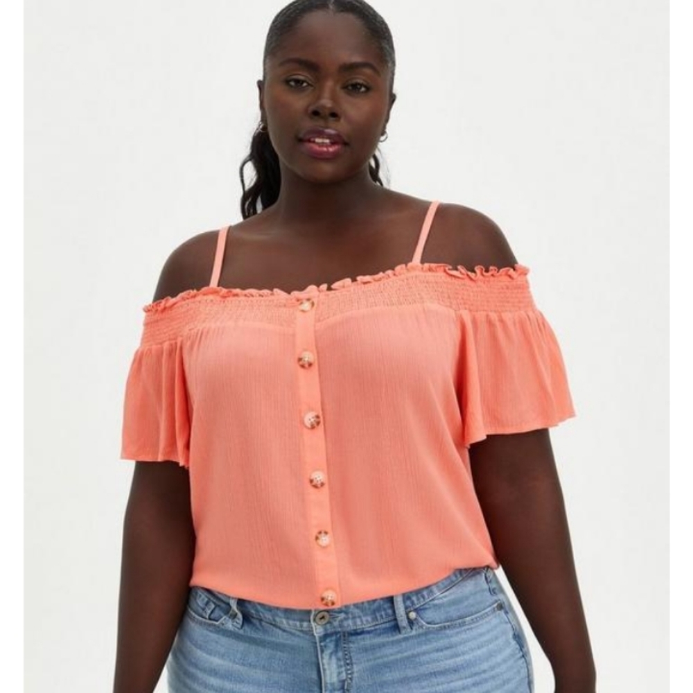 Torrid Coral Smocked Woven Gauze Boho Cold Shoulder Top Plus Size 4X